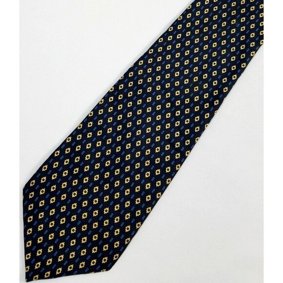 Huntington Mens Silk NeckTie Navy Yellow Geometric Diamond Pattern 57" Tie - Picture 1 of 9